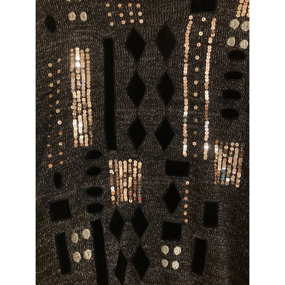 Vintage 80s Bonnie Bill Women L Black Sequin Velvet Geometric Knit Sweater Party